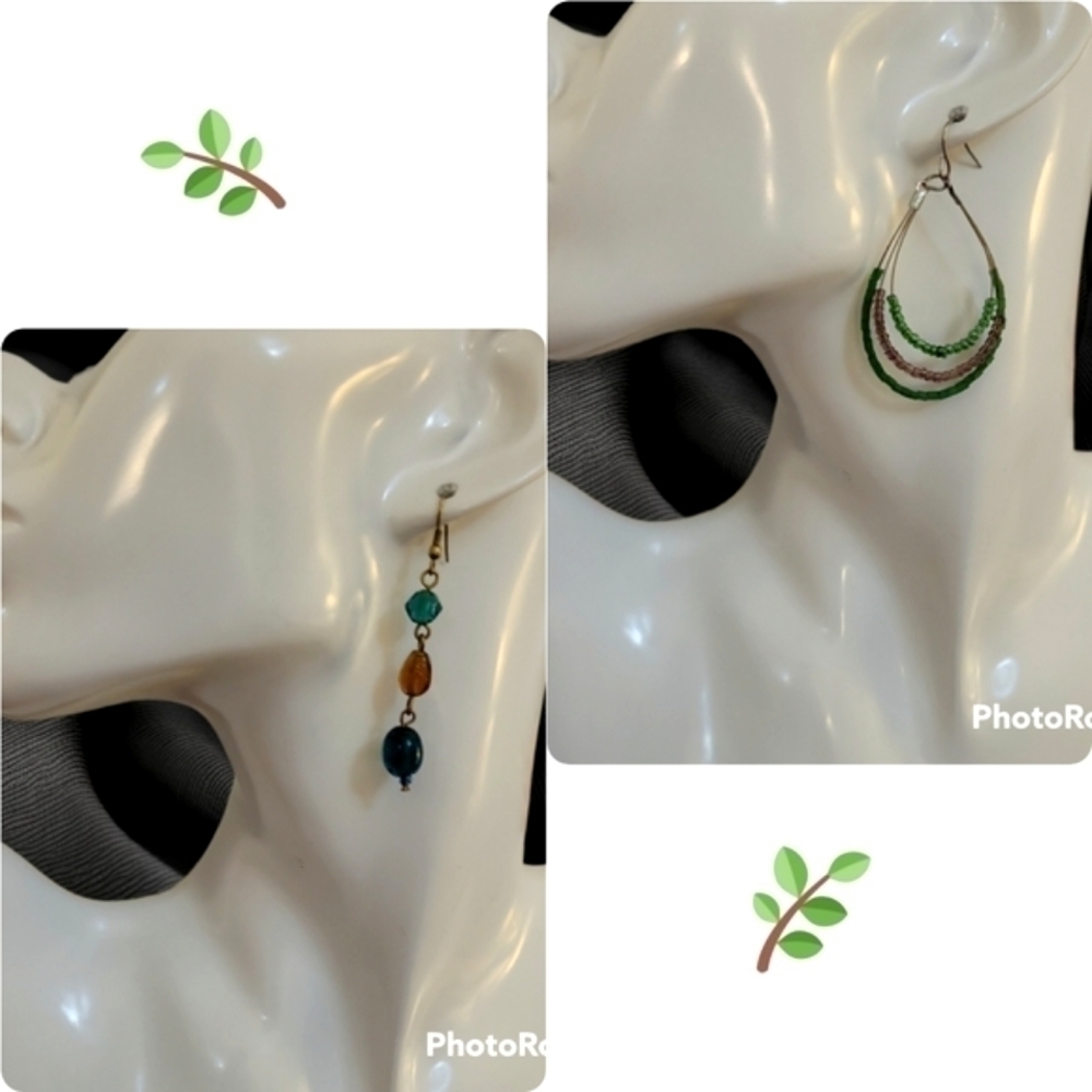 HANDMADE Two Pairs Beaded Teardrop Hoop Dangle Earrings